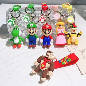 Gantungan kunci Pvc Super Mario, gantungan kunci karet silikon Game Mario Bros Luigi karakter jamur kartun 3D Kawaii Mario