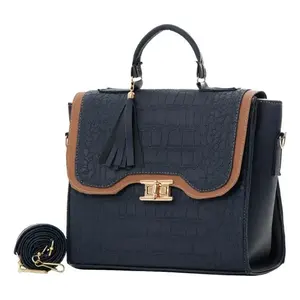 Bolso de mujer Fana Belen M3825, bolso de mano de materiales de bambú en color azul marino con cierre y bolsillo con cremallera - Product Image 1