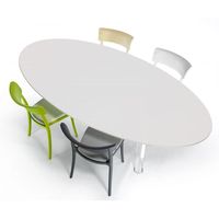 Table ovale transparente OMETTO en polycarbonate, design blanc, plateau en bois, taille 200/240 cm, modèle assemblé OMOVT200115B