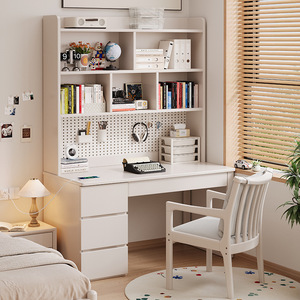 Solid Wood <b>Desk</b> With Bookshelf Walnut Color Modern Minimalist <b>Study</b> <b>Desk</b> For Home Office Student Bedroom Computer Workstation - Product Image 3