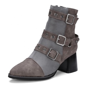 Bottines à talon épais pour femmes, bottes courtes à bout pointu, avec sangle à boucle, escarpins d'hiver - Product Image 2