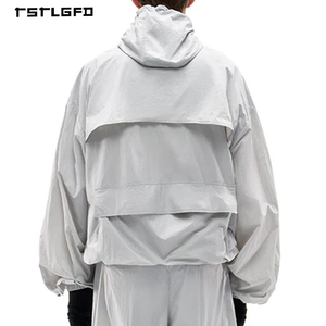 OEM/ODM Light Gray Windbreaker Full Zip Detachable Hood <b>Utility</b> Pockets PVC Trim Relaxed Fit Outerwear - Product Image 3