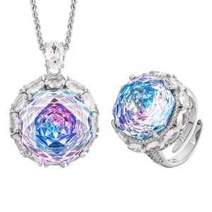 Elegant Fashion Eco-friendly <b>Copper</b> Rose Cut 18-16MM Colorful Zircon Gold Plated Necklace and Earrings Set Wedding Jewelry Set - Product Image 1