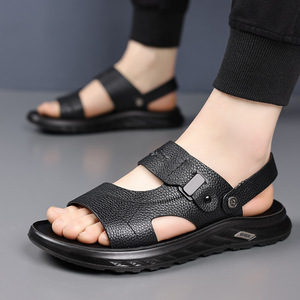 Genuine Leather Men's Flat Sandals Open Toe Rubber Outsole Breathable Casual <b>Beach</b> <b>Shoes</b> - Product Image 2