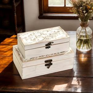 Juego de 2 cajas de madera para joyería, estilo rústico, con tapa con bisagras <span class=keywords><strong>y</strong></span> diseño tallado, color blanco. - Product Image 6