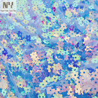Tissu Nanyee Textile rose et bleu irisé brillant, brodé avec un support en maille, 18 mm, forme de grande fleur, tissu à paillettes pour mariage, 100%