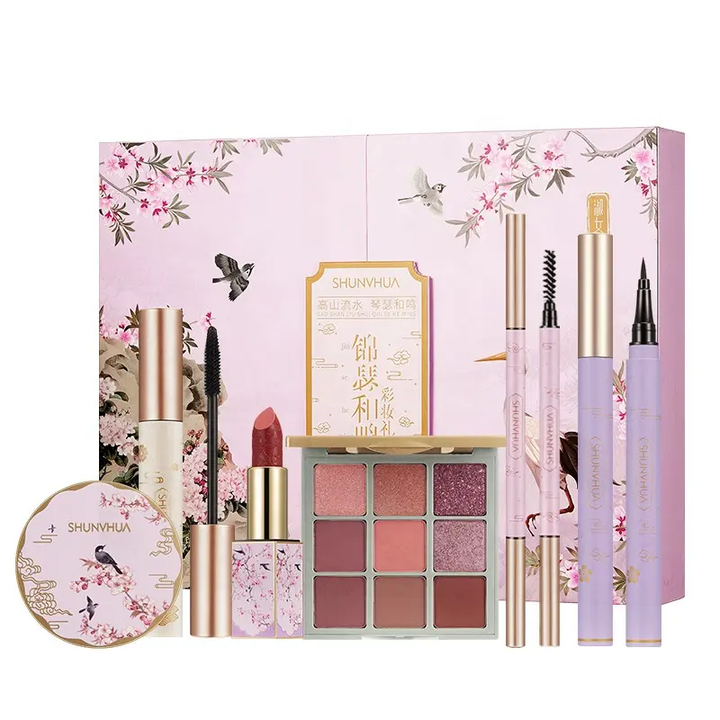 Set Hadiah Riasan Kustom Wanita Gaya China, dengan Lipstik Eye Shadow Kosmetik Concealer Bantal Kotak Kecantikan Set Hadiah 10 Pcs/set