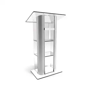 Akrilik Bening Kaca Akrilik Plexiglass Podium Melengkung Disikat Stainless Steel Pulpit Lectern dengan Silang