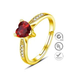 Luxury Jewelry Red Heart Birthstone Cubic Zirconia 925 Sterling Silver 18K Gold Plated Adjustable Rings for Women