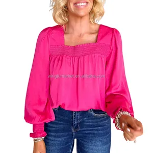 Wholesale hot pink top square neck bubble long sleeve custom smocked shirt long sleeve blouse for women