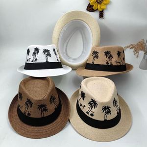 Wholesale Tropical Straw Fedora Palm Tree Pattern Trilby <b>Hat</b> <b>for</b> Vacation Beach - Product Image 2