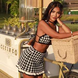 سترة بيكيني كاجوال؛ توب كاميسول؛ تنورة قصيرة بوهيمية متعددة الألوان للشاطئ؛ طقم محبوك. - Product Image 5