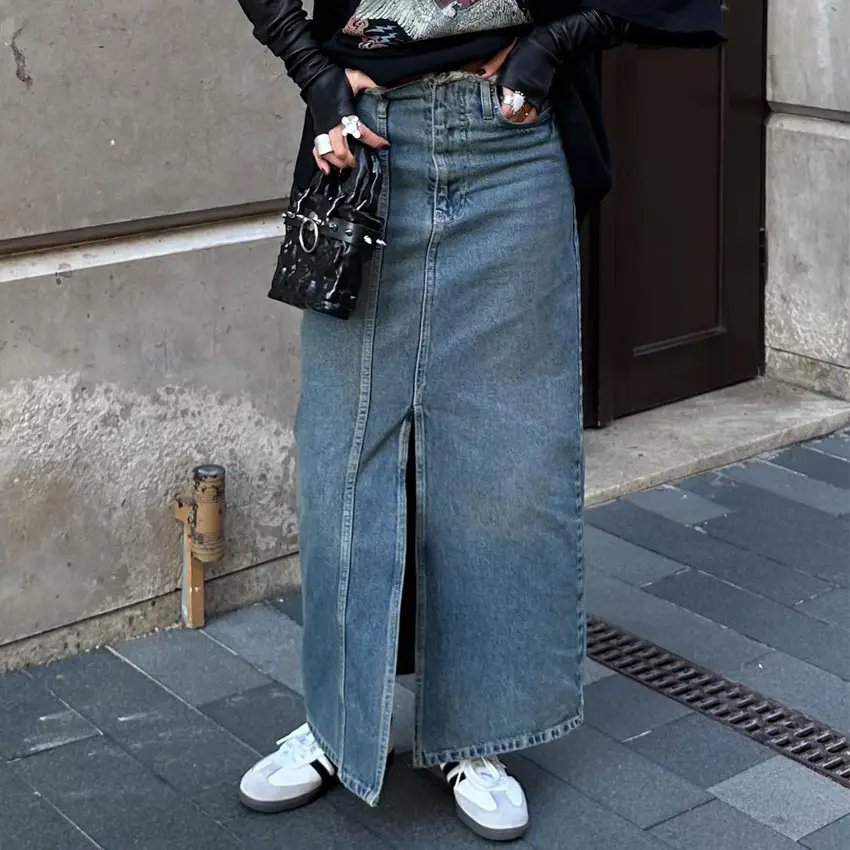 プラスサイズの女性のジーンズ品質のジーンズのサプライヤーカスタム女性のためのセクシーな女性の長いジーンズのスカートスリットマキシブルースカート