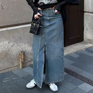 Supplier custom of plus size women jeans quality jeans sexy women long jean skirts for ladies slit maxi blue skirt