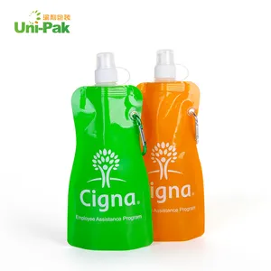 热卖双酚a免费16盎司可折叠水瓶可重复使用可折叠饮水袋，带运动自行车徒步旅行夹子