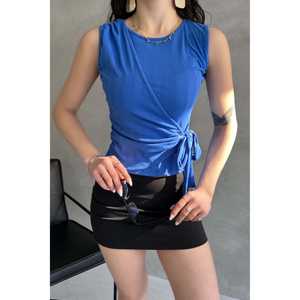 Elegant Women's Knitted Sleeveless Tank <b>Top</b> With Wrap Front <b>Tie</b> Detail Black - Product Image 2