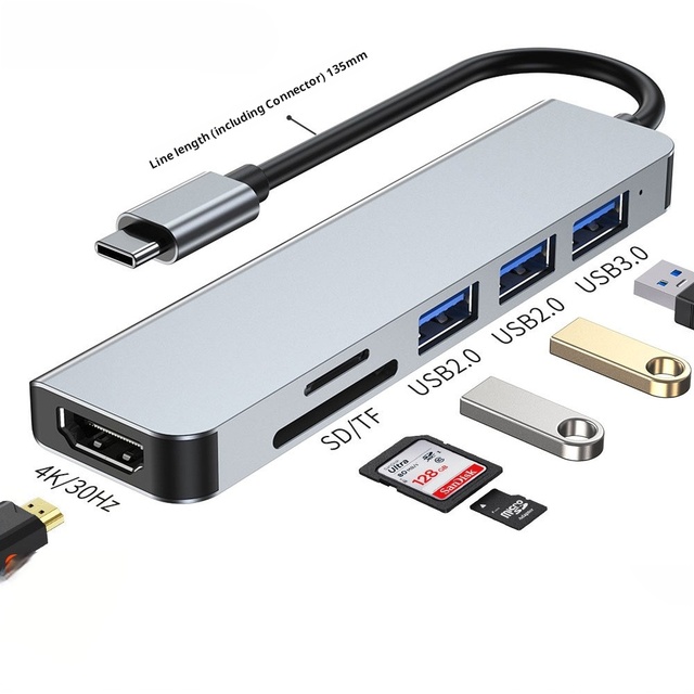 Multi Ports 6 in 1 Usb Type-c Hub Adapter with Usb3.0 4k Hdtv Vga Rj45 Card Reader Ports Usb-c Hub PD100W for Laptop
