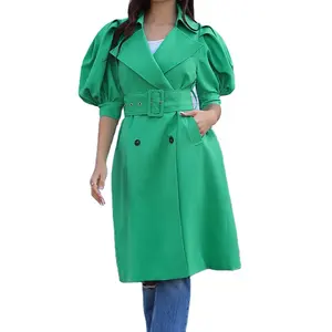 ファッション女性グリーンエレガントベルトボタンフロントジャケットOEMカスタマイズショートパフスリーブトレンチコート