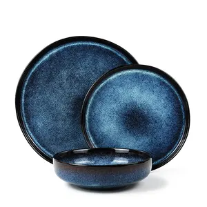 Оптовая продажа, посуда для ресторана, 12 шт., керамическая посуда синего цвета, реактивный светло-голубой набор посуды, столовая посуда с кружкой