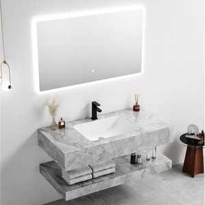 CR 100cm <b>Grey</b> Marble <b>Bathroom</b> Vanity Wall Mounted With Integrated Sink And LED <b>Mirror</b> - Product Image 3