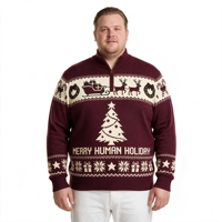 Pull en maille jacquard à col quart zippé, boutonné, motif rétro de Noël, rouge, pour homme, ODM OEM