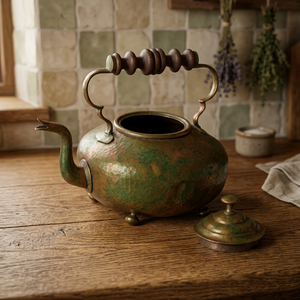 Vintage Metal Tea Kettle With Wooden Handle And <b>Lid</b> Green Patina Finish Water <b>Pot</b> Kettles - Product Image 3