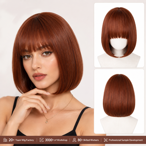 วิกผมบ๊อบสีน้ำตาลแดงทองตรง<span class=keywords><strong>สั้น</strong></span>จากโรงงานโดยตรง พร้อมหน้าม้า ทนความร้อน ทำจากผมสังเคราะห์ สำหรับผู้หญิง ปรับขนาดได้ แฟชั่น ขายส่ง - Product Image 1