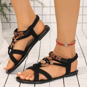 Women Bohemian Metal Flower Decor Flat <b>Sandals</b> <b>Elastic</b> Ankle Strap Open Toe Summer Beach Ladies Shoes - Product Image 3