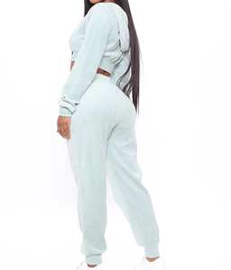 Ensemble de survêtement décontracté pour femme en coton 100% de haute qualité, avec sweat à capuche court à manches longues et fermeture éclair intégrale et pantalon de jogging, 2 pièces en molleton - Product Image 5