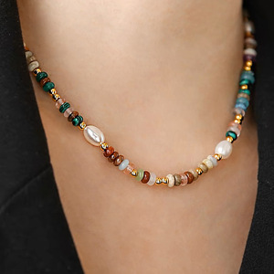 316L Stainless Steel Gemstone Beaded Necklace Colorful Natural Stone Freshwater <strong>Pearl</strong> Gold <strong>Beads</strong> Necklace 18K for Women <strong>Jewelry</strong> - Product Image 2