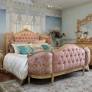 Luxury European style French classic solid wood gold bedroom furniture set for girls