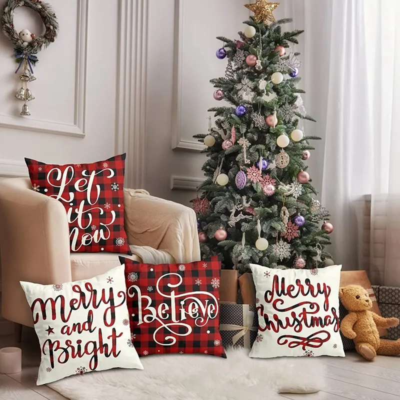 Fashional design Winter holiiday black and red plaid Christmas decor linen pillow covers for home sofa