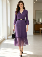 Robe de bureau bleu marine à col en V, plissée, avec ourlet en dentelle, manches évasées 3/4, robe midi pour femme avec ceinture