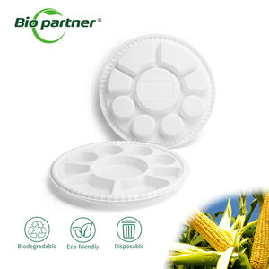 Contenedor de comida desechable de almidón de maíz, bandeja de 9 compartimentos para sacar plato redondo, bandeja de fruta blanca, paquete combinado Thali - Product Image 1
