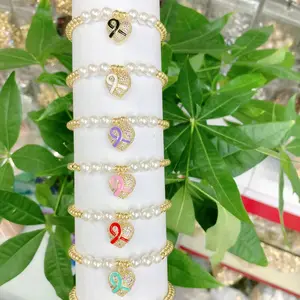 BC1369-pulsera con cuentas de oro y perlas, brazalete con cuentas de perlas con zirconia cúbica, lazo rosa esmaltado, abalorio para cáncer de mama, concientización