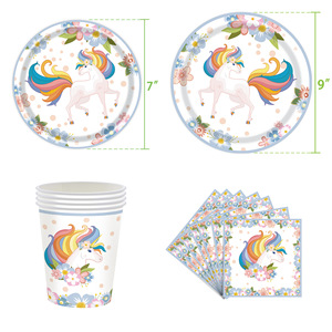 Juego de Artículos para Fiesta de Unicornio con Diseño Floral Arcoíris, Platos, Vasos y Servilletas de 7 y 9 Pulgadas, Decoraciones de Cumpleaños - Product Image 1