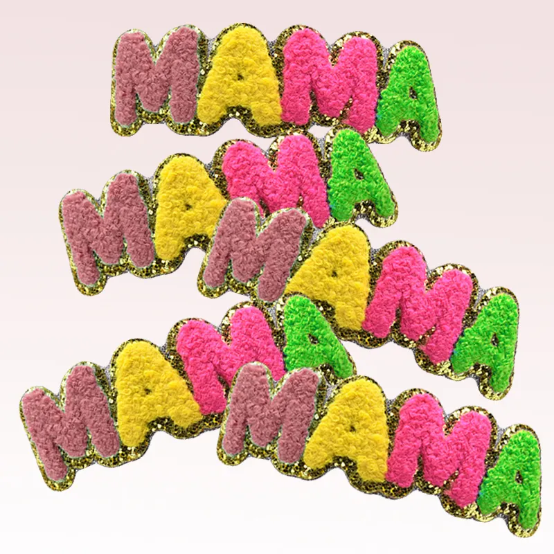 Valentines Mother's Day Hot Pink Big Size Iron On Embroidery Glitter Patch Letters Mama Chenille Patches For Clothing