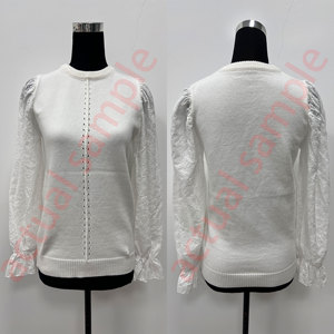 Maglione da Donna in <span class=keywords><strong>Maglia</strong></span> Patchwork con Ricamo Personalizzato, Maniche a Palloncino con Occhielli, Colore <span class=keywords><strong>Bianco</strong></span> Crema, Morbido <span class=keywords><strong>Pizzo</strong></span> e Maniche a Lanterna - Product Image 5