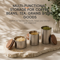 PURECOOK Boîte à café hermétique en acier inoxydable avec couvercle en bois, récipient scellé pour grains de café, thé, épices, rangement de cuisine