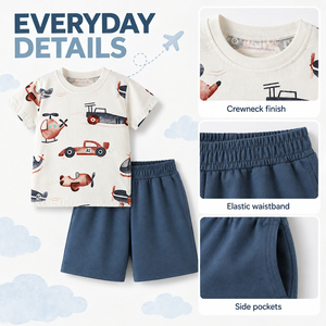 Setelan Kaos dan Celana Pendek Anak Laki-Laki Motif Transportasi, Bahan Katun Spandex, Pakaian Musim Panas Dua Potong, OEM Label Pribadi - Product Image 4