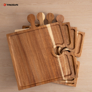 Juego de 4 piezas de madera de acacia pulida y duradera: Base de almacenamiento para platos tipo rompecabezas, bandeja para copas de vino con asa, plato para pizza, tabla de cortar sólida y bandeja para filetes - Product Image 5