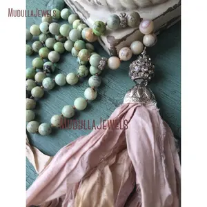 NM11388 Romantische Shabby Boho Edelsteen Kralen Sari Zijde Kwastje Ketting Roze Kwastje Ketting Verklaring Ketting Leuke Accessoire