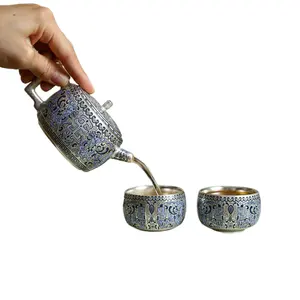 Juego de tetera de taza de plata dorada hecha a mano china, 6 tazas, ceremonia del té, juego de té de Kung Fu clásico Vintage de cerámica con caja de regalo