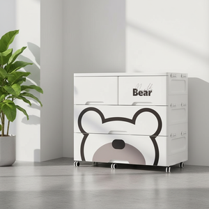 Lemari Pakaian Lipat Plastik 3 Tingkat Motif Kartun untuk Kamar Anak, Hemat Tempat, Lemari Anak dengan Laci dan Roda - Product Image 4