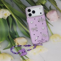 Coque de téléphone scintillante 3D avec strass, nœud et perles en forme de cœur pour iPhone 11 12 13 14 15 16 17 Pro Max, avec dragonne perlée mignonne pour filles