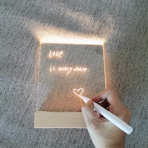 Tablero de mensajes transparente, acrílico, blanco luminoso, reescribible, Base de madera, luz nocturna