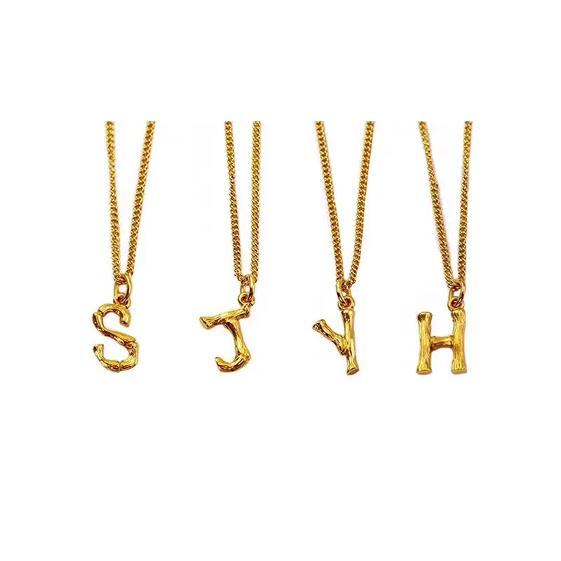 Joias personalizadas de aço inoxidável, colar com pingente de letra inicial de bambu dourado 26 alfabeto