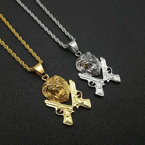 Collar con Colgante de Pistola y Cabeza de León Estilo Hip Hop, Acero Inoxidable, Chapado en Oro, Joyería para Hombre, Regalo - Product Image 1