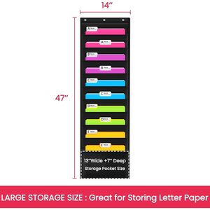 Organisateur de dossiers suspendus à 10 poches, rangement mural noir pour bureau et maison avec 3 supports en acier inoxydable - Product Image 2