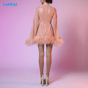 Vestidos de fiesta transparentes con adornos de plumas de avestruz elegantes personalizados Vestidos de mujer de lentejuelas de plumas de lujo - Product Image 4